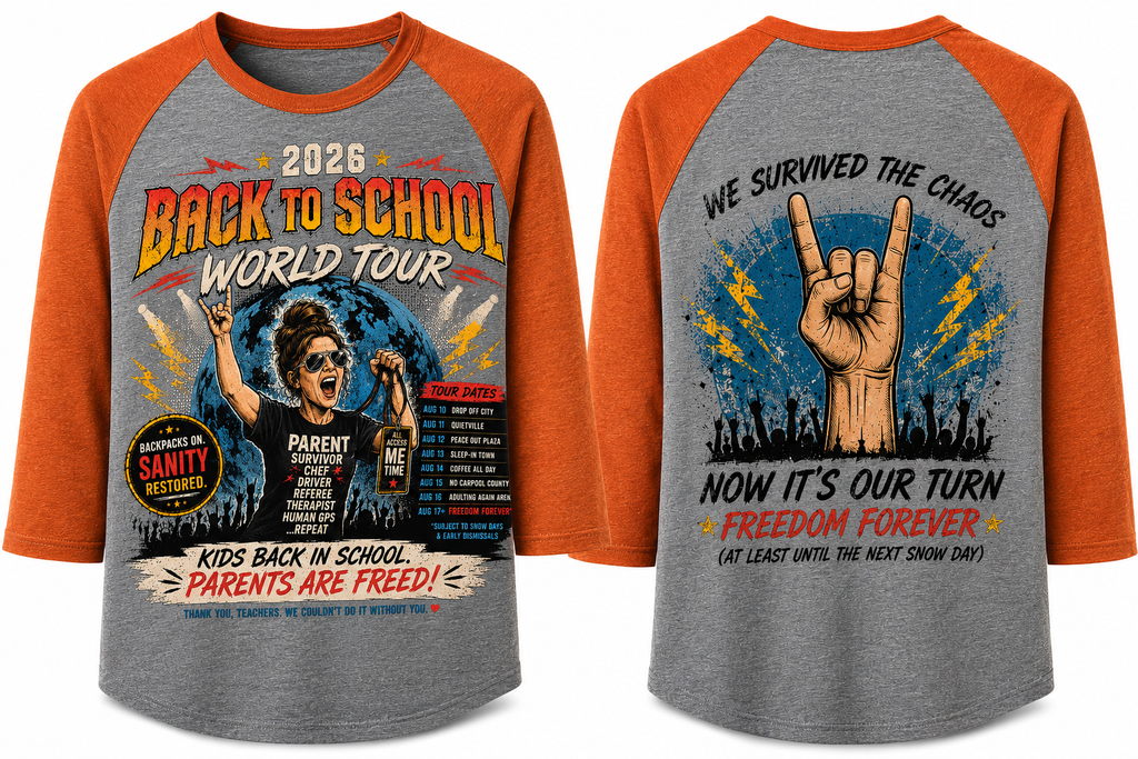 2026 Back to School World Tour raglan baseball tee front and back