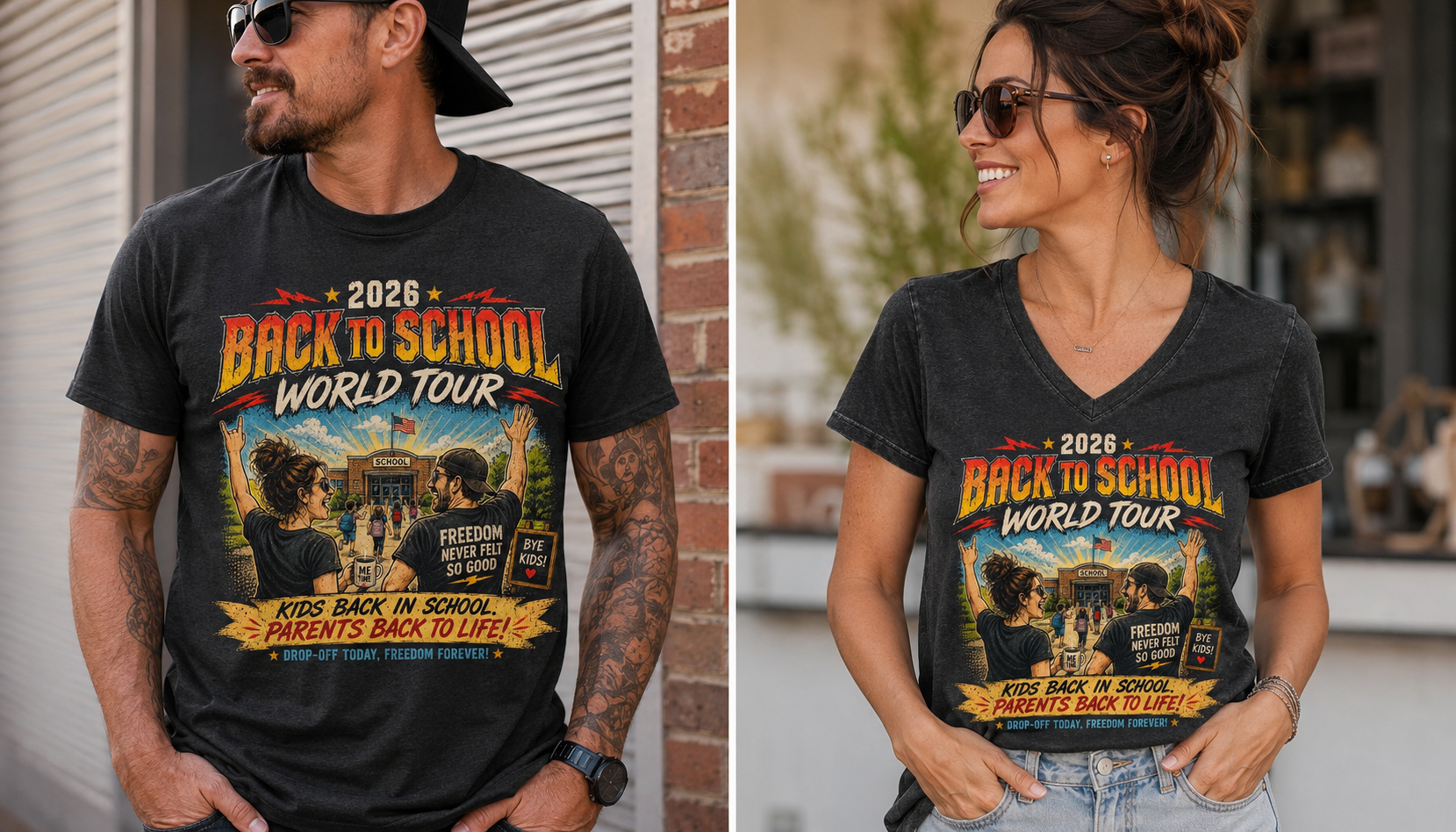 2026 Back to School World Tour lifestyle mockup - mens crew and ladies v-neck
