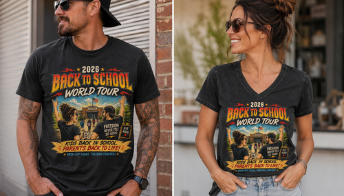 2026 Back to School World Tour lifestyle mockup - mens crew and ladies v-neck