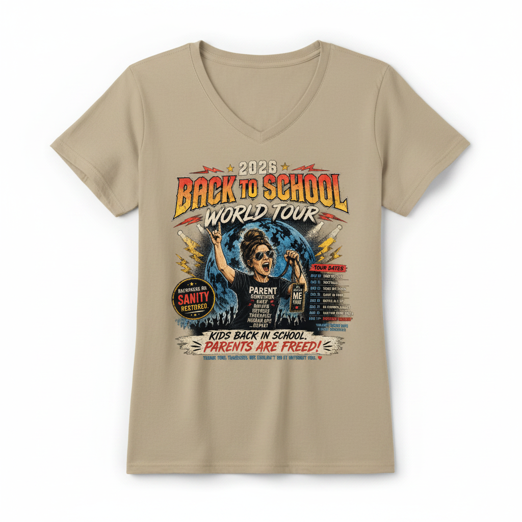 Tan ladies v-neck t-shirt mockup - Back to School World Tour
