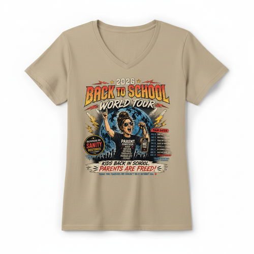 Tan ladies v-neck t-shirt mockup - Back to School World Tour