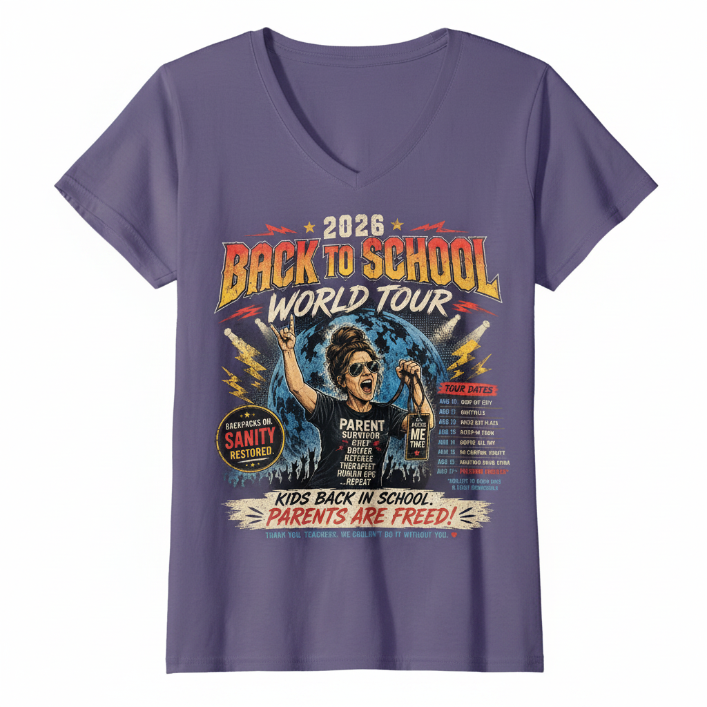 Lilac ladies v-neck t-shirt mockup - Back to School World Tour