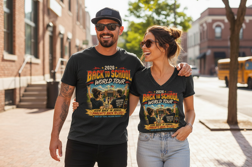 Lifestyle mockup - Back to School World Tour mens and ladies tee